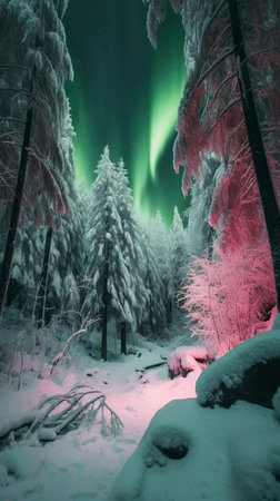 Northern forest, waterfall trees in winter covered in snow, AI generativeの写真素材