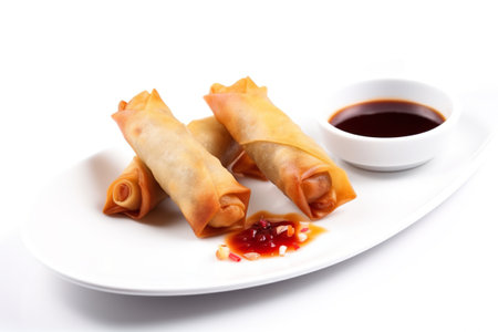 Lumpia, spring roll with vegetables and meat, with sweet sour sauce. AI generative from Philippinesの素材