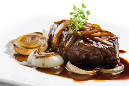 Bistek Tagalog, beefsteak cooked in soy sauce and onions. AI generative. Asian Filipino dish, food from Philippinesの素材