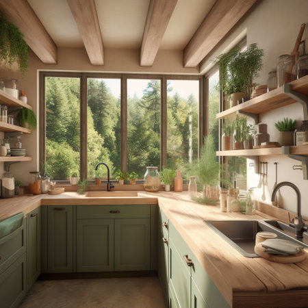 A kitchen with green cabinets and a wooden counter. AI generative image. Kitchen in Norwegian house Kitchen in Norwegian houseの素材