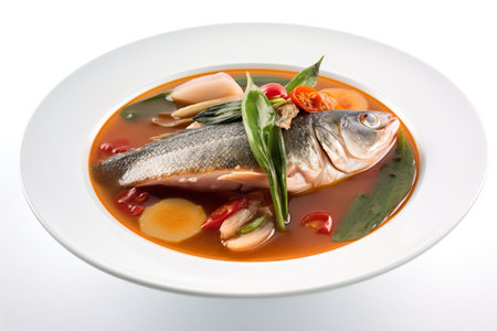 Sinigang, sour soup dish made with fish, tamarind, tomatoes, onions. AI generative Filipino dishの素材