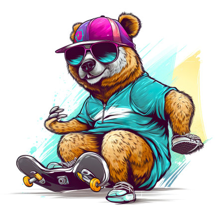 A cartoon bear wearing sunglasses and a hat sitting on a skateboard. AI generative image.の素材