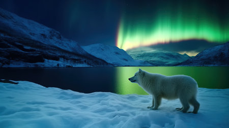 Polar fox in front of calm lake with reflection, sky with polar lights. AI generative illustrationの写真素材