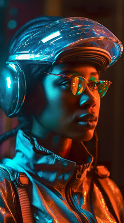 A woman wearing headphones and a leather jacket. Generative AI image.の素材