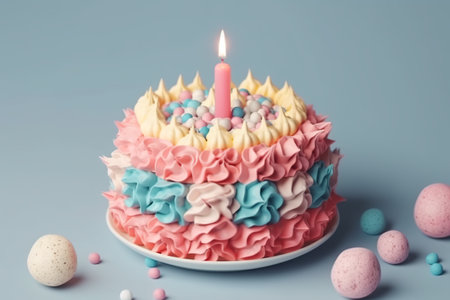 A birthday cake with a candle on top of it. Generative AI image. Lambeth, style, retro cakeの素材