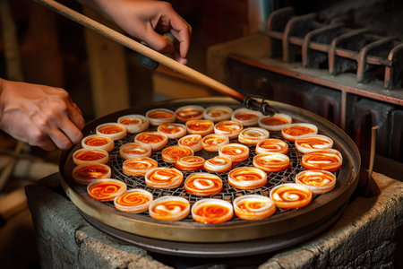A person is cooking Tteokbokki, Korean, street food on a grill. Generative AI.の素材