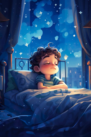 A young boy laying in a bed under a night sky. Generative AI image.の素材