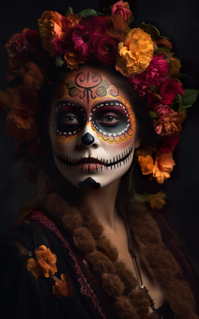 A woman with a sugar skull make - up and flowers in her hair. Generative AI image.の素材