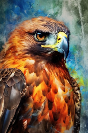 A painting of a bird of prey on a blue background. Generative AI image.の素材