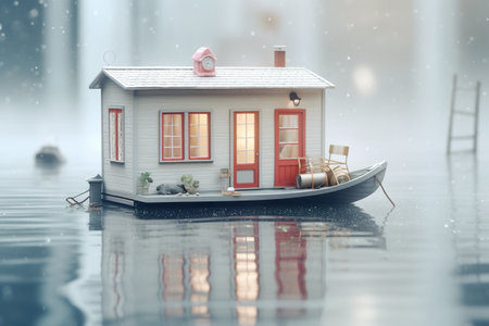 A small boat floating on top of a body of water. Generative AI image.の素材