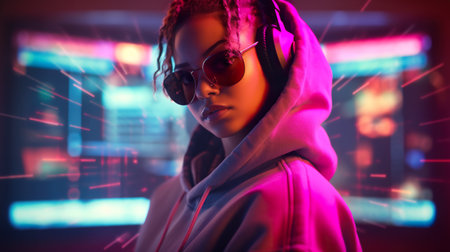 A woman wearing sunglasses and a hoodie. Generative AI image.の素材