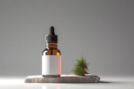 A bottle of essential oil next to a small plant. Generative AI image.の素材