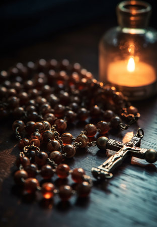 A rosary and a candle on a table. Generative AI image.の素材