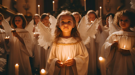 A group of children dressed in white holding candles. Generative AI image.の素材