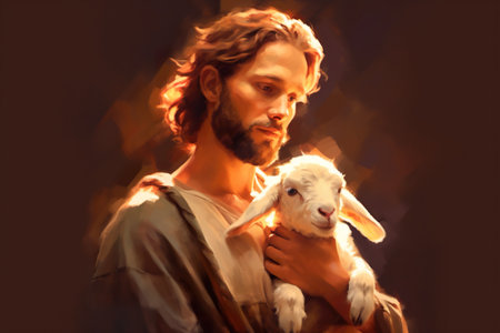 A painting of jesus holding a baby lamb. Generative AI image.の素材