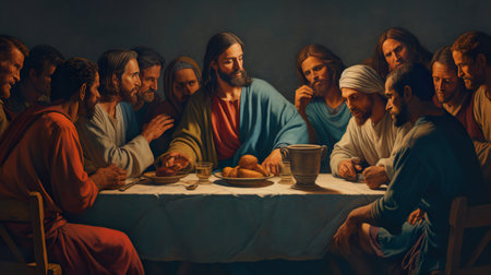 A painting of a group of people sitting around a table. Generative AI image.の素材