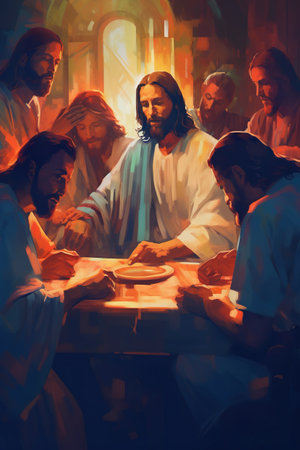 A painting of a group of people sitting around a table. Generative AI image.の素材