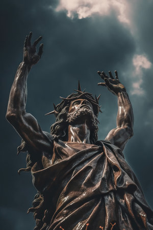 A statue of a man with a crown of thorns on his head. Generative AI image.の素材