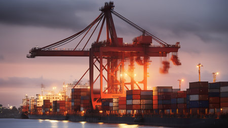 A large container ship is docked at a dock. Generative AI image.の素材