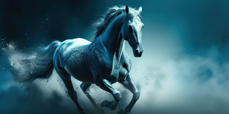 A white horse running through a cloud filled sky. Generative AI image.の素材
