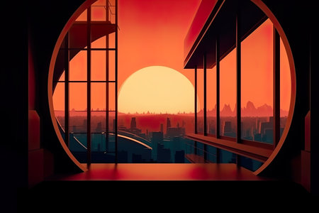 A view of a sunset through a window. Generative AI image.の素材