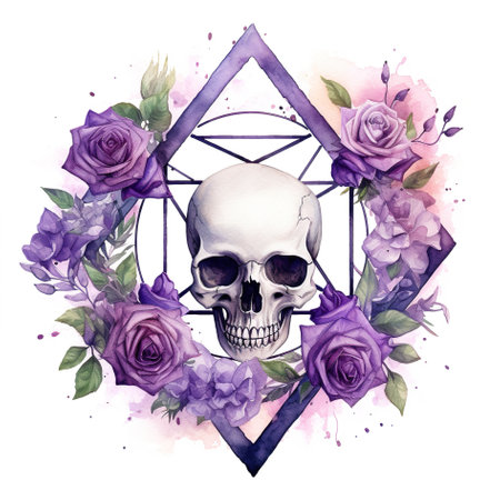 A watercolor skull surrounded by purple roses. Generative AI image.の素材