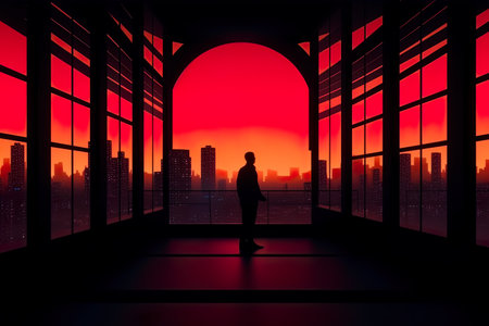 A silhouette of a person standing in front of a window. Generative AI image.の素材