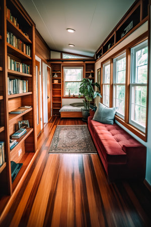 A living room filled with lots of books and a red couch. Generative AI image.の素材