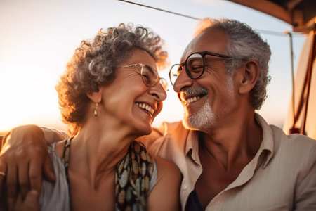 Senior Latino Couple in Love on Yacht at Sunset, Generative AIの素材