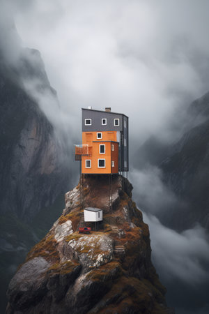 A house sitting on top of a mountain. Generative AI image.の素材