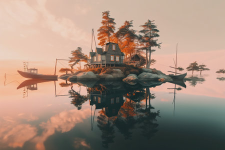 A small island in the middle of a lake. Generative AI image.の素材
