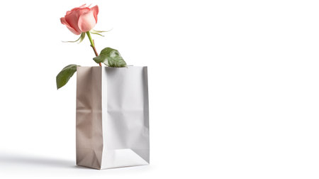 A single rose in a paper bag on a white background. Generative AI image.の素材
