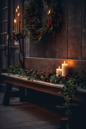 A wooden bench topped with a lit candle next to a wreath. Generative AI image.の素材