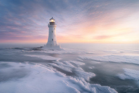 A light house on top of a snow covered beach. Generative AI image.の素材