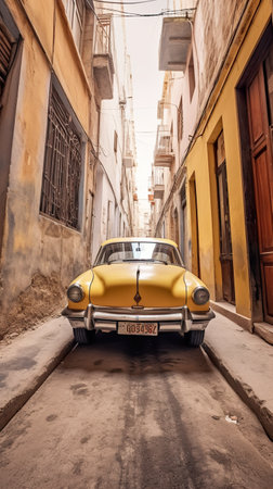 A yellow car is parked on a narrow street. Generative AI image.の素材