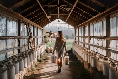 A woman walking through a barn carrying a bucket. Generative AI image.の素材