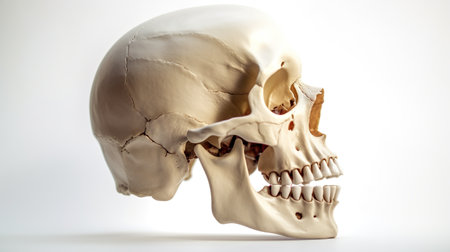 A model of a human skull on a white background. Generative AI image.の素材