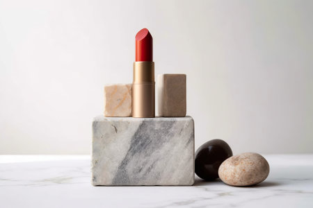 A red lipstick sitting on top of a marble block. Generative AI image.の素材