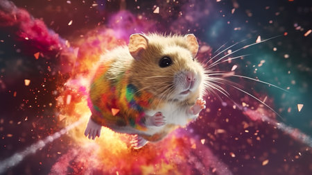 A hamster is flying through a colorful explosion. Generative AI image.の素材