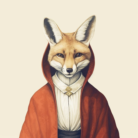 A painting of a fox wearing a red cloak. Generative AI image.の素材