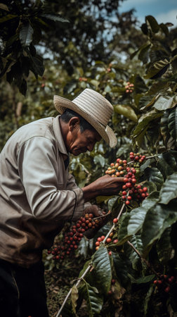A man picking coffee beans from a tree. Generative AI image.の素材