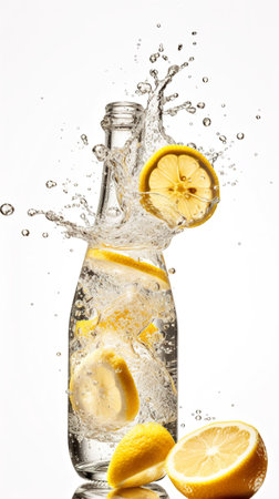 A glass of water with lemon slices and a slice of lemon. Generative AI image.の素材