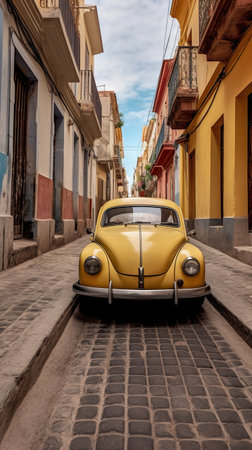 A yellow car is parked on a cobblestone street. Generative AI image.の素材