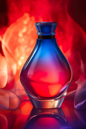 A red and blue glass bottle sitting on top of a table. Generative AI image.の素材