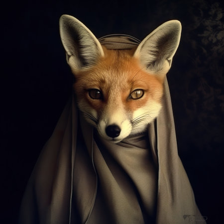 A red fox wearing a cloak and looking at the camera. Generative AI image.の素材