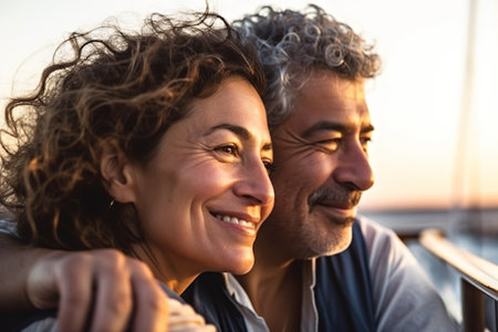 Senior Couple in Love on Yacht at Sunset, Generative AIの素材