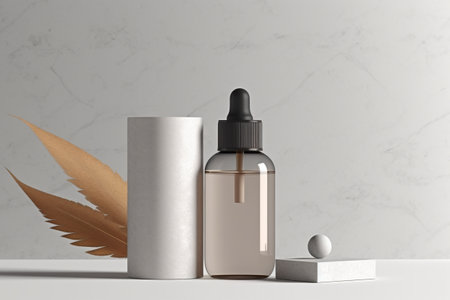 A bottle of liquid sitting next to a roll of paper. Generative AI image.の素材
