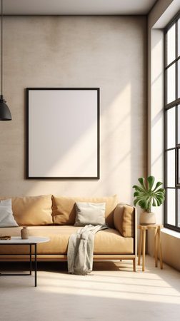 A living room with a couch and a coffee table. Generative AI image.の素材