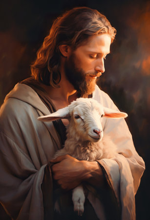 A painting of jesus holding a lamb in his arms. Generative AI image.の素材