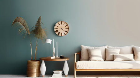 A living room with a couch and a clock on the wall. Generative AI image.の素材